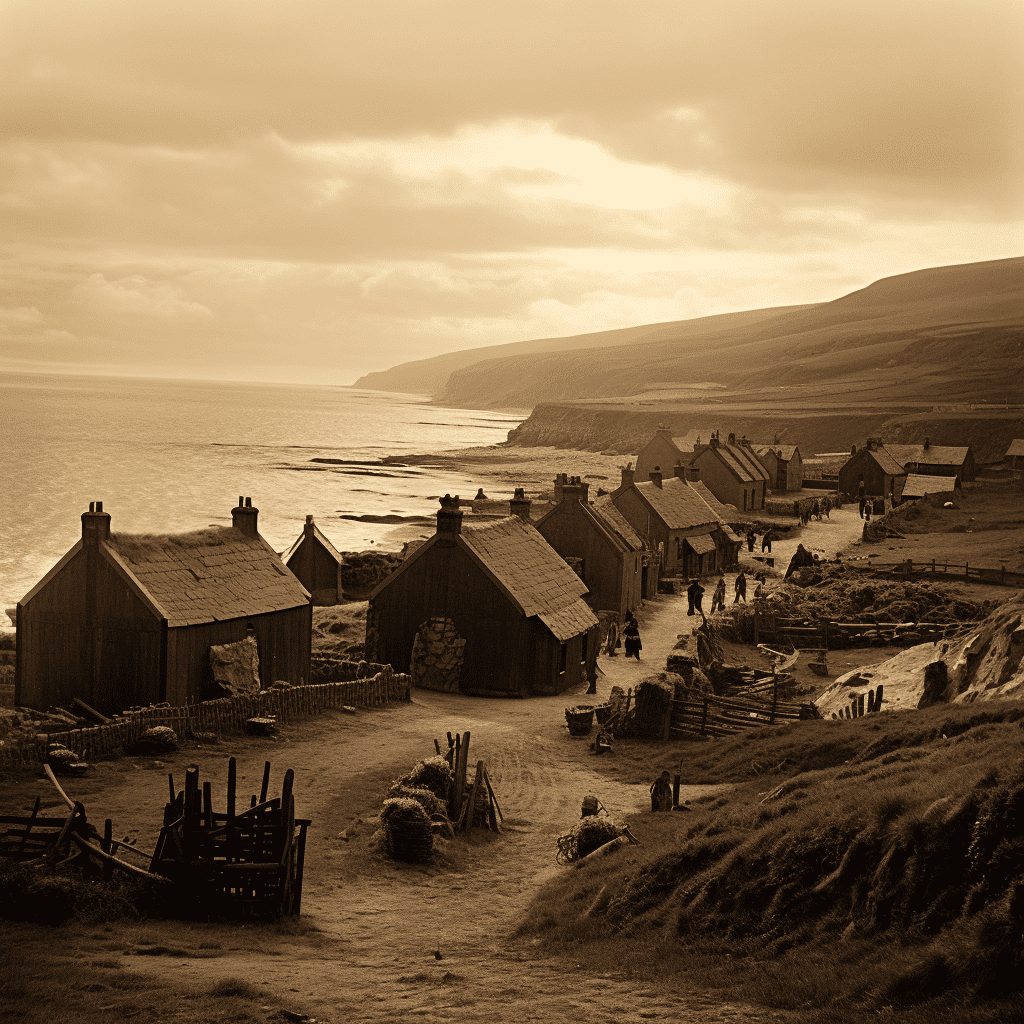 Christy Irish Village near the ocean in 1900 sepia wide angle v 94a0a694 5ac4 48ff 88d4 262e123a5a3b