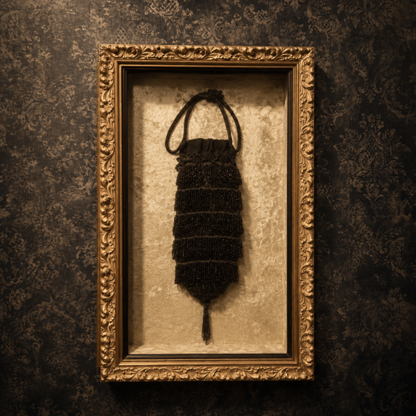 Vintage black beaded purse belonging to Stella Johnson displayed at Lefty’s on the Square.
