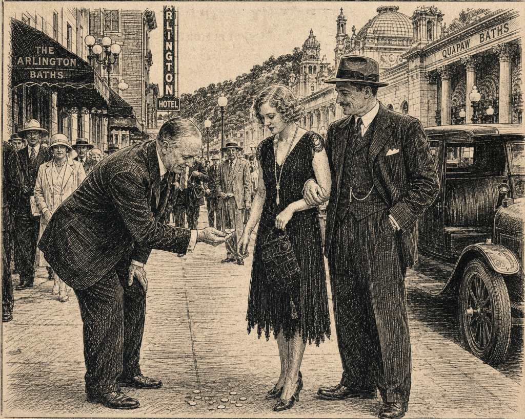 Newspaper-style sketch depicting a street scene outside the Arlington Hotel and Quapaw Baths in Hot Springs, Arkansas during the 1920s.