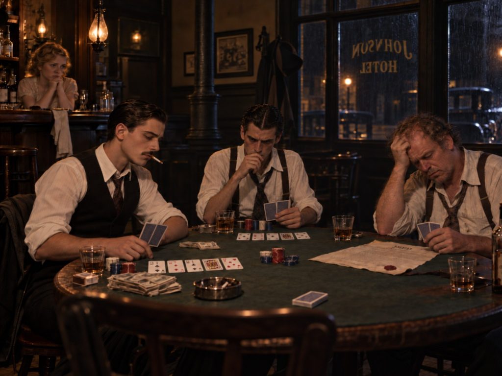 Four men playing poker at a felt table in a Magnolia, Arkansas bar in 1921, the Johnson Hotel lettered on the rain-streaked window behind them, a deed lying on the table.