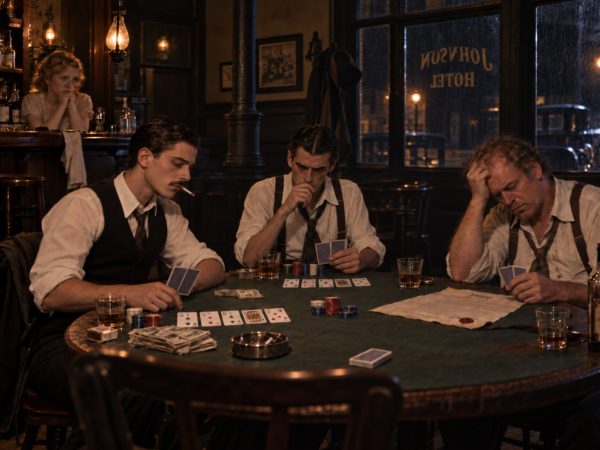 Four men playing poker at a felt table in a Magnolia, Arkansas bar in 1921, the Johnson Hotel lettered on the rain-streaked window behind them, a deed lying on the table.