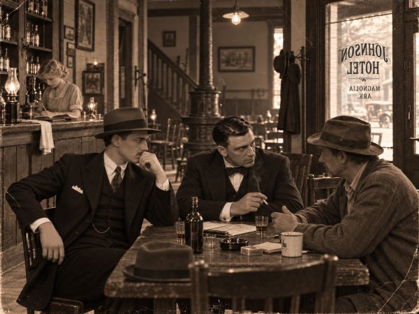 Three men in 1920s suits and a work coat seated around a table at the Johnson Hotel bar in Magnolia, Arkansas, a map and whiskey glasses between them, with a clerk working a ledger behind the bar.